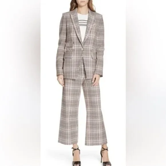 New Veronica Beard FULLER CHECK SINGLE-BUTTON DICKEY JACKET Cream Blue/ Rose Sz2